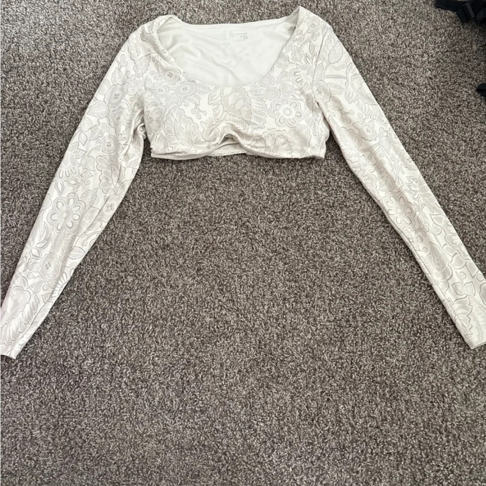 Aerie Cream Scoop Neck Long Sleeve Cropped Bra Top NWT